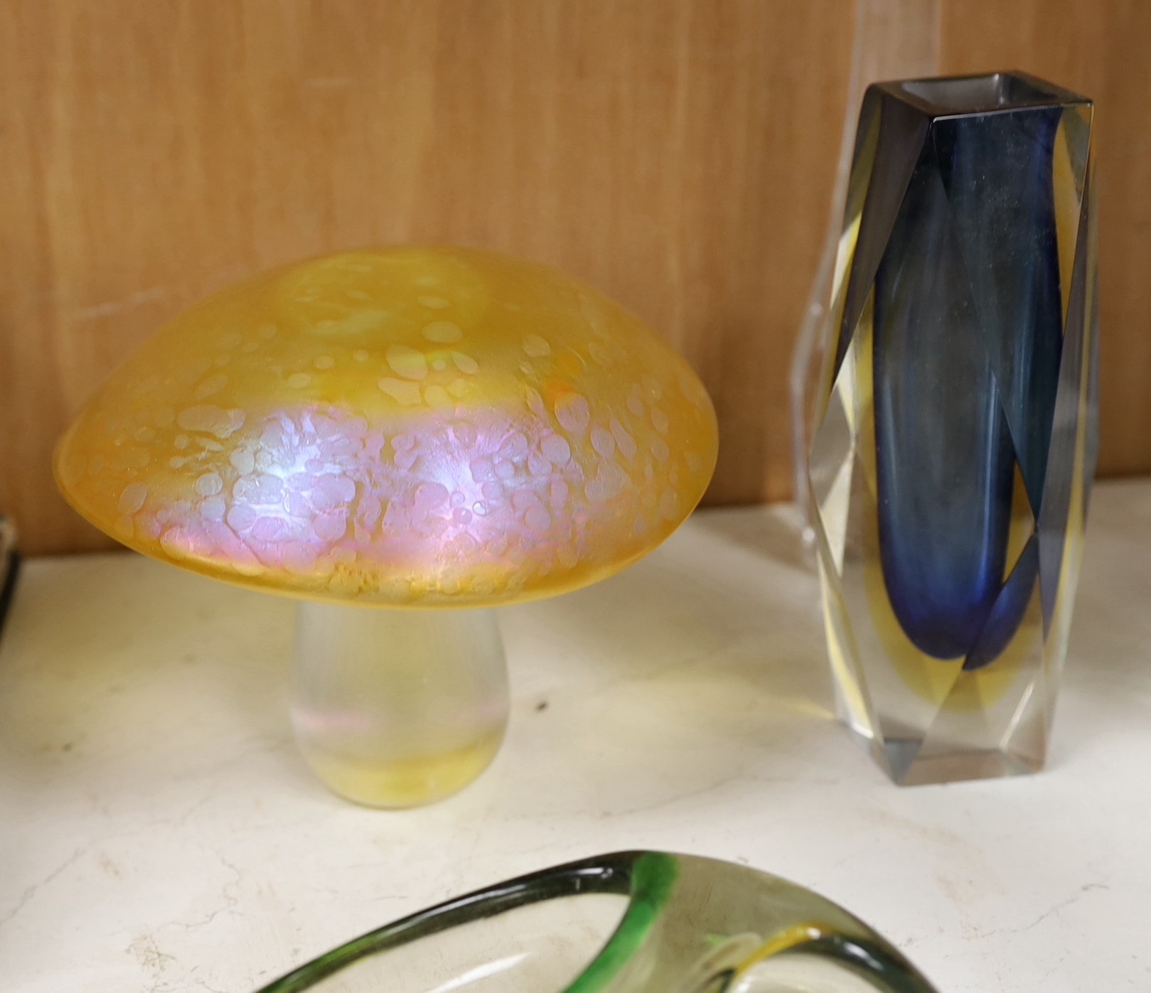 Twelve items of art glass, ten vases and two decorative flowers with long stems, including three Murano Sommerso faceted vases, tallest 23 cm